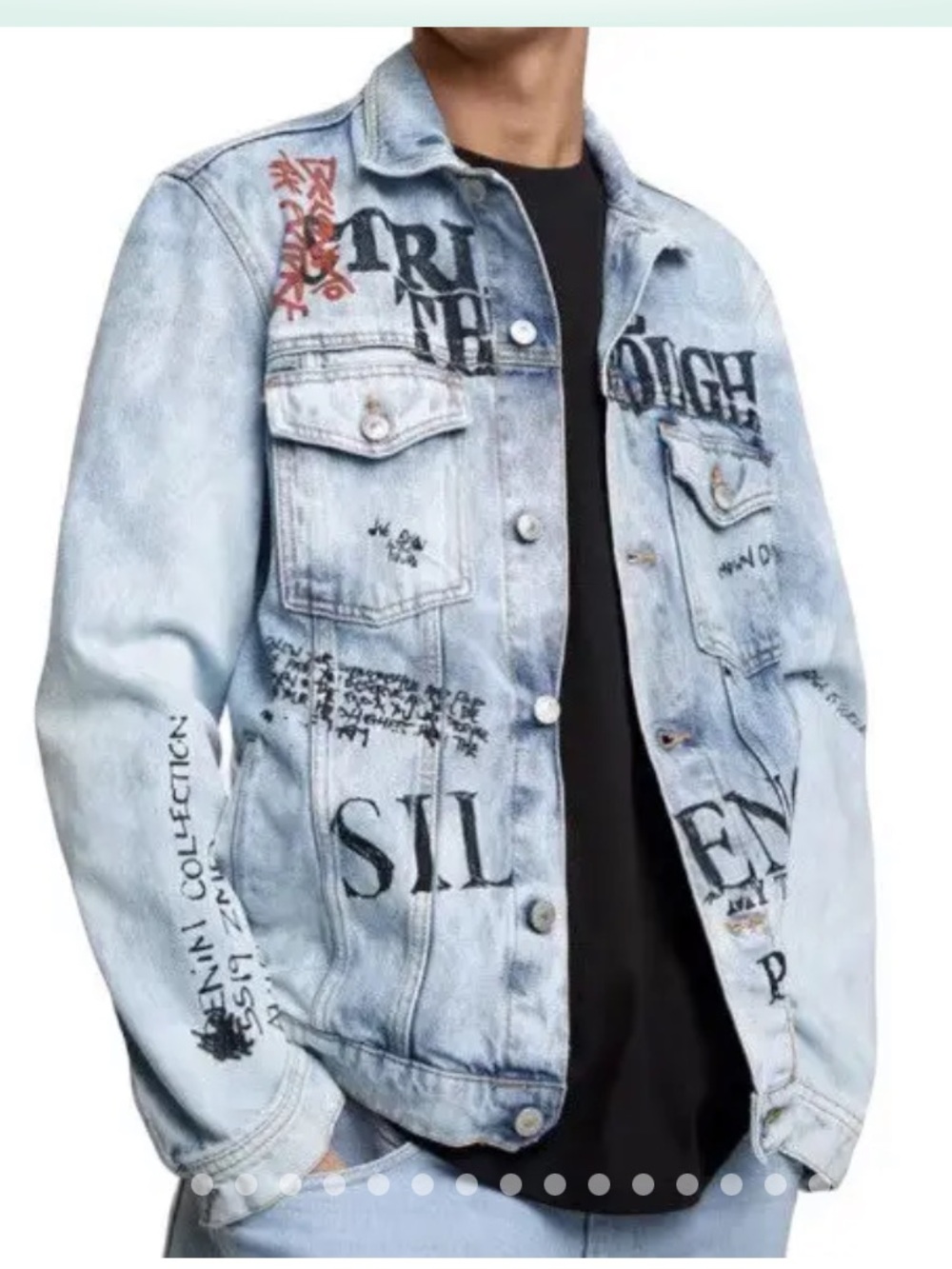 Zara Men's Graffiti Acid Wash Denim Trucker Jacket